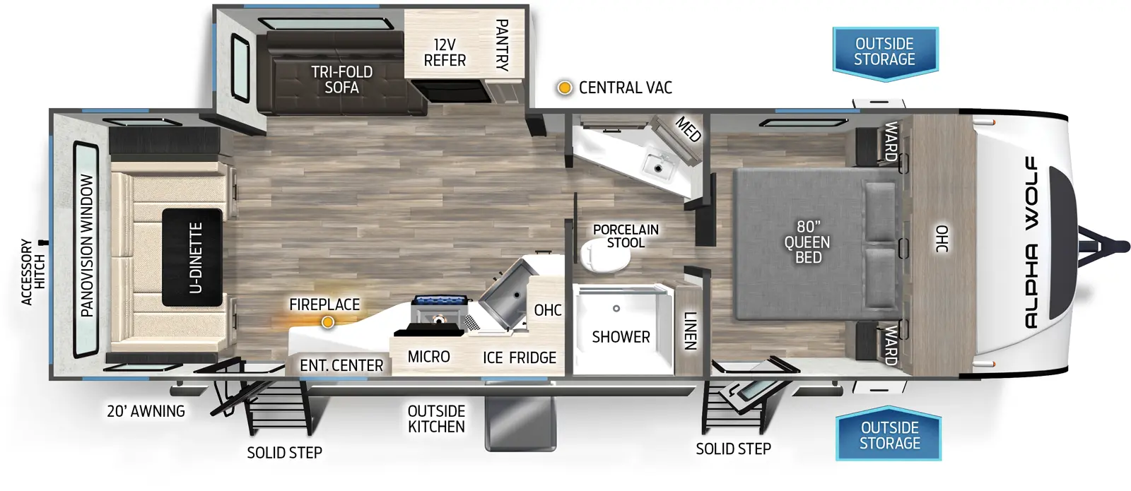 The 2500RL has one slideout and two entries. Exterior features a 20 foot awning, solid step entries, outside storage, outside kitchen with ice maker and refrigerator, and rear accessory hitch. Interior layout front to back: foot-facing queen bed with overhead cabinet and wardrobes on each side, and entry door; split pass through full bathroom with medicine cabinet, porcelain stool, and linen closet; off-door side slideout with pantry, 12 volt refrigerator, and tri-fold sofa; kitchen counter with sink wraps from inner wall to door side with overhead cabinet, microwave, cooktop, entertainment center with fireplace below, central vacuum, and second entry door; rear u-dinette with panovision window.